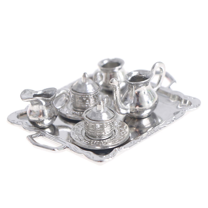 Coffee Tea And Sugar Set - 10pcs/Set 1/12 Dollhouse Miniature Silver Metal